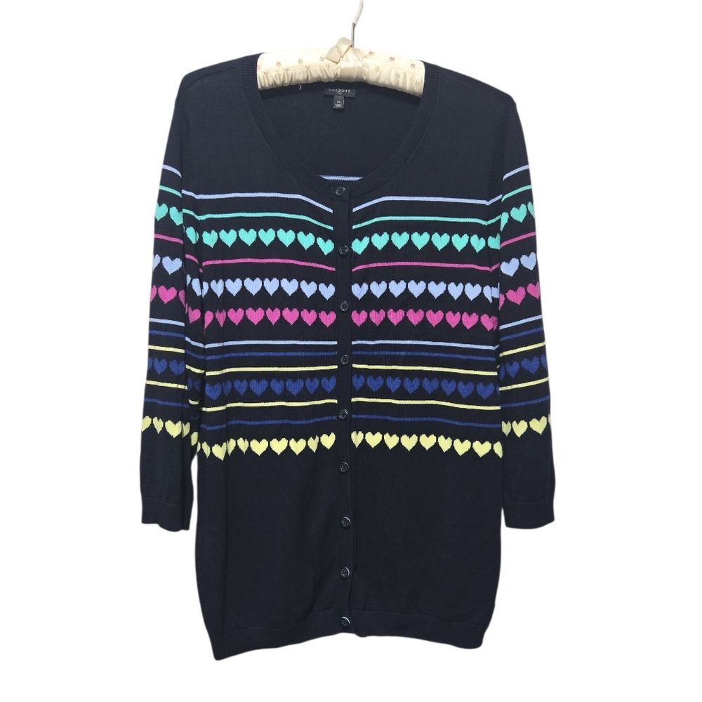 Talbots Women's Heart Printed Cardigan Sweater Button Up Preppy Crew Neck 1X